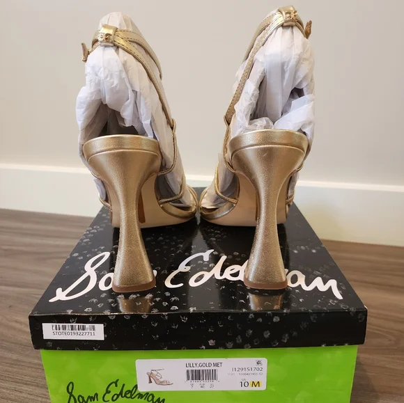 New in original box Sam Edelman Lilly gold leather 4.5 inch heel, size 10 - Picture 8 of 10